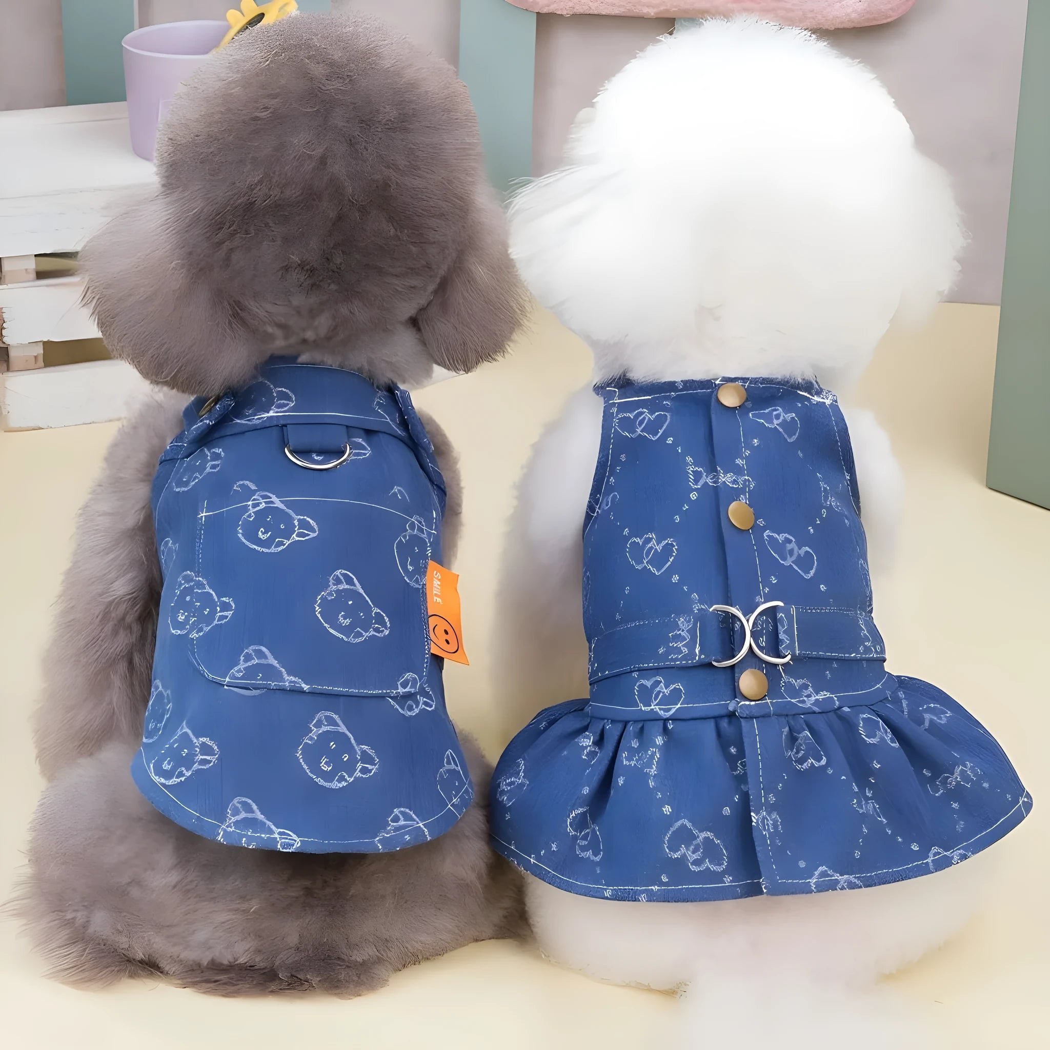 Teddy Bichon small dog wearing denim princess dress with bracket design for spring and autumn seasons
