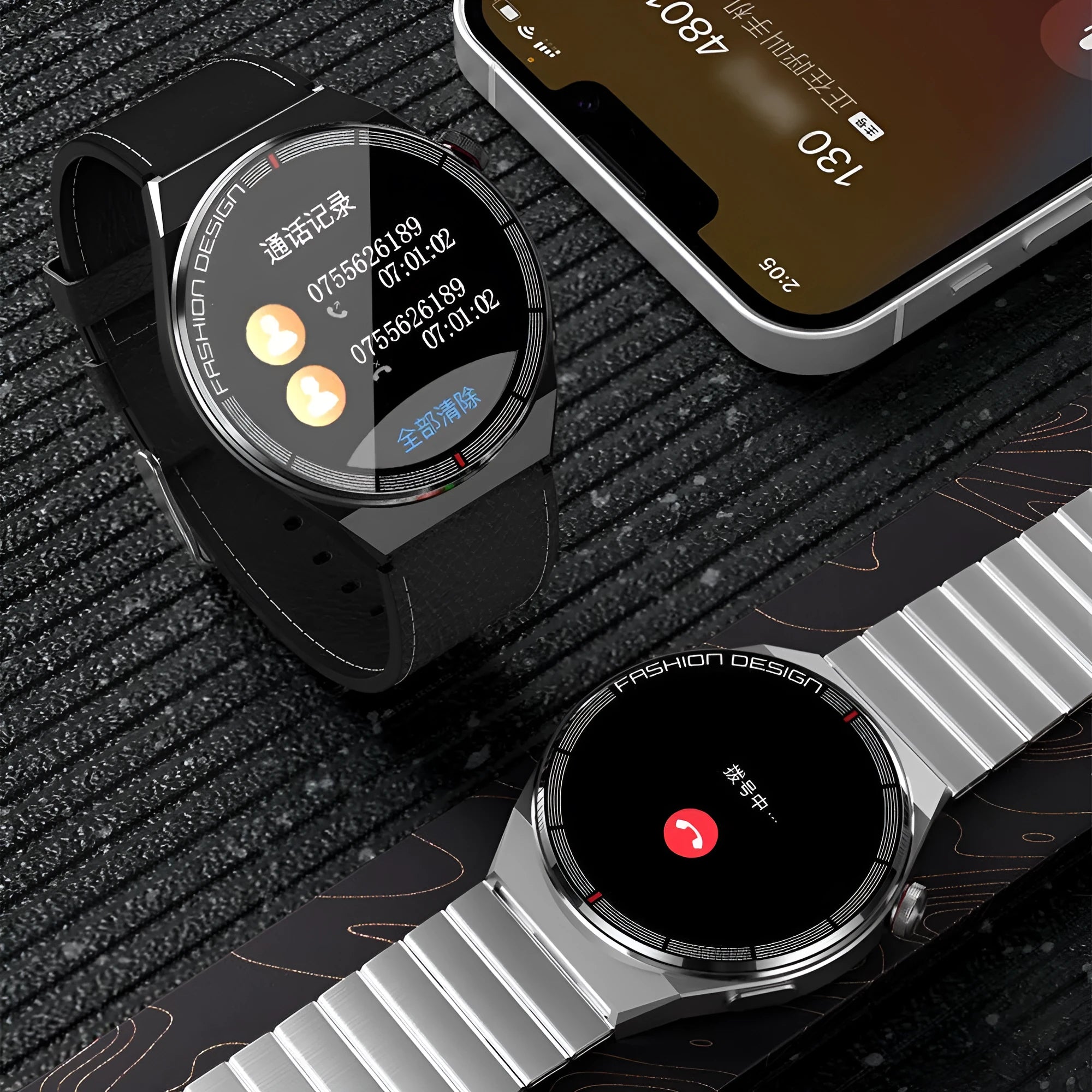 Black smartwatch with 1.28-inch screen showing health metrics on silicone strap