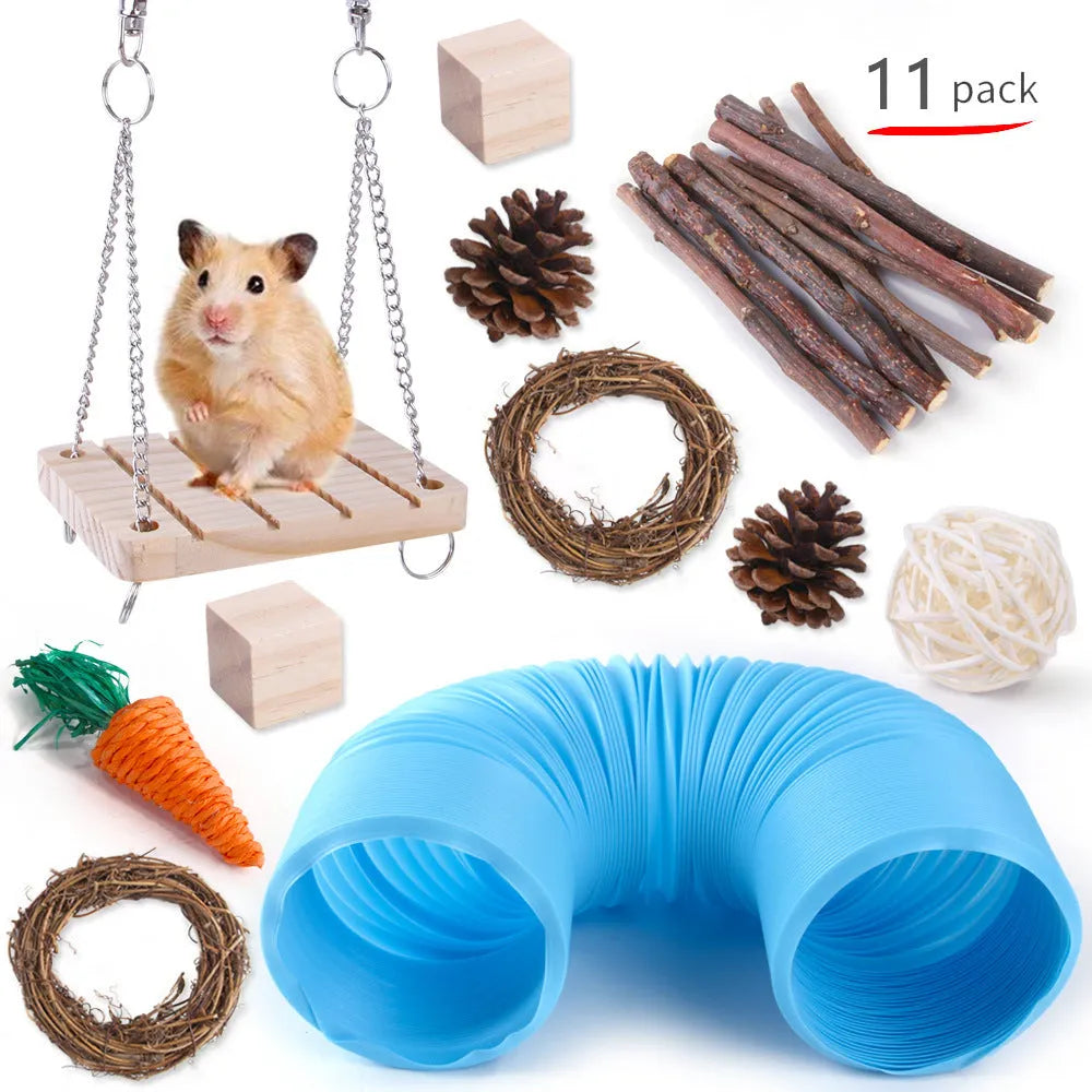 Assortment of wooden pet toys for rabbits guinea pigs and parrots in a set