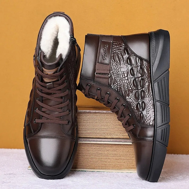 Black genuine leather snow boots with fur lining and lace-up front