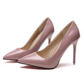 Women's stiletto heel pumps in apricot colour with pointed toe and buckle detail