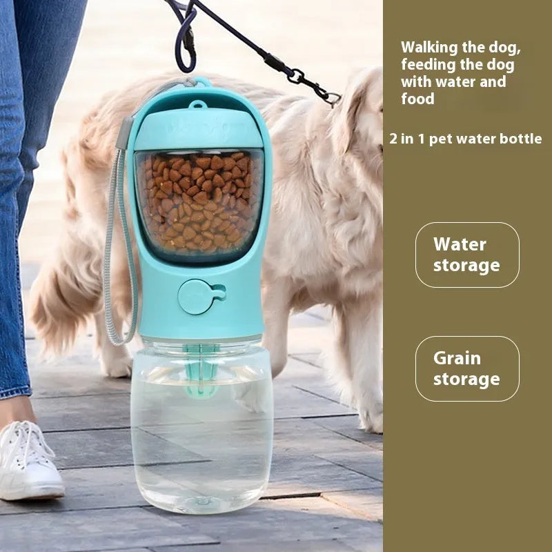 Blue portable plastic dog water bottle with flip-out drinking bowl for walks and travel.
