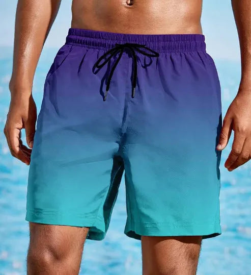 Men's gradient colour 3D printed mesh sports shorts showing elastic fabric and shorts length.