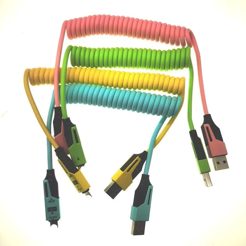 Spring Mech four-in-one flexible silica gel data cable with Lightning Micro USB and TYPE-C connectors, blue colour
