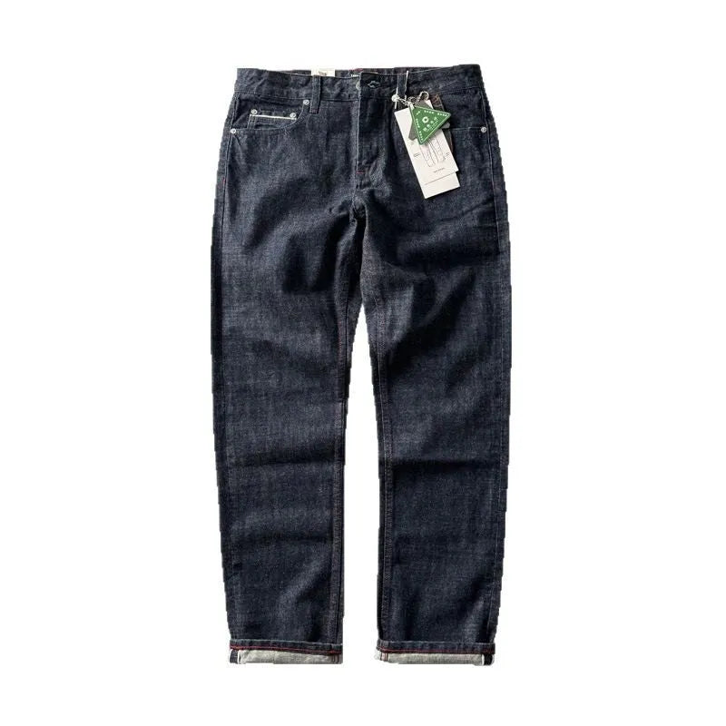 Men's straight leg jeans in American retro style with mid waist design and cotton denim fabric