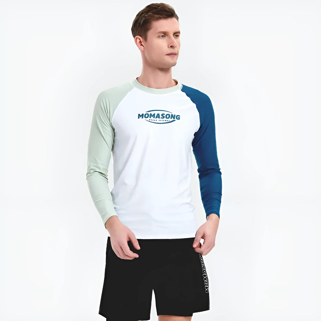 Men's white long sleeve swim top and matching swim trunks set on a mannequin
