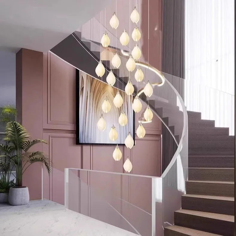 Ceramic magnolia coloured single-head pendant light with petal chandelier design.