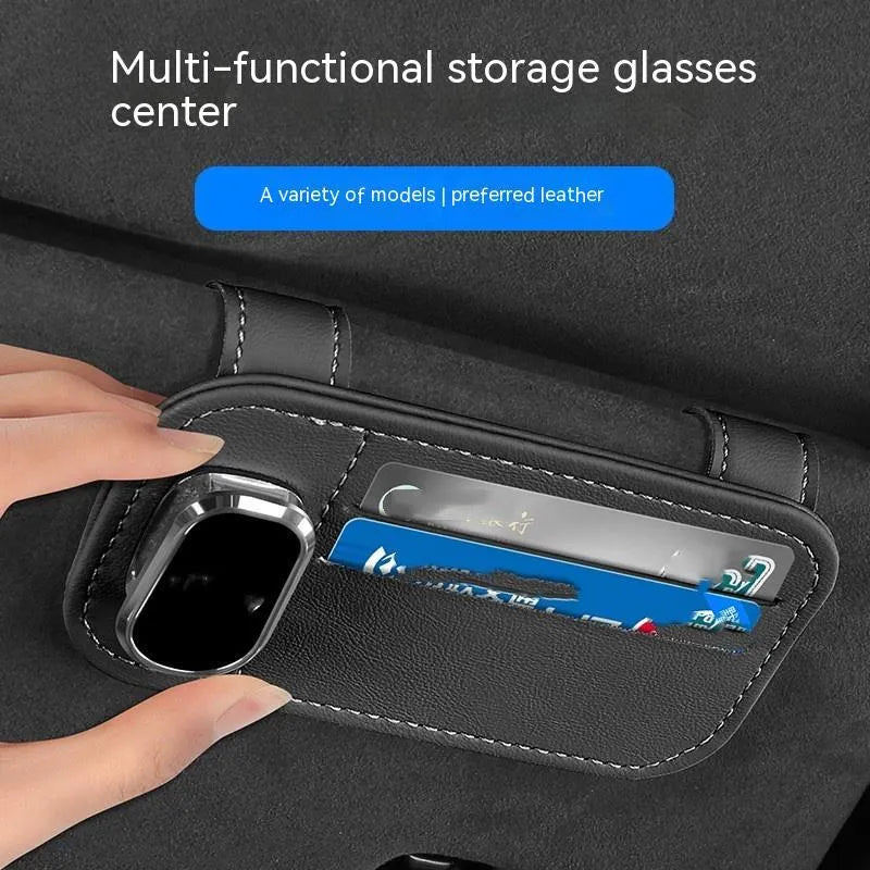 Cowhide leather car sun visor card holder with glasses clip in choice of five colours.