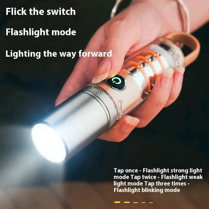 Orange and beige dual light source flashlight with hook and optical zoom ring