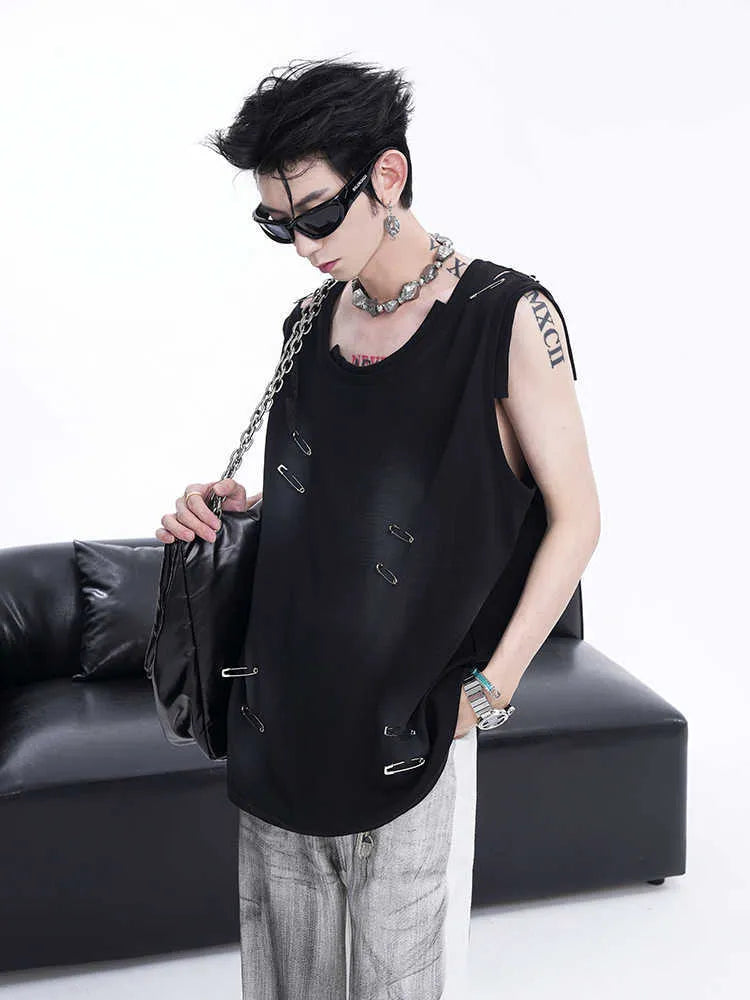 Men's black sleeveless vest waistcoat with ripped irregular cutting design on cotton blend fabric