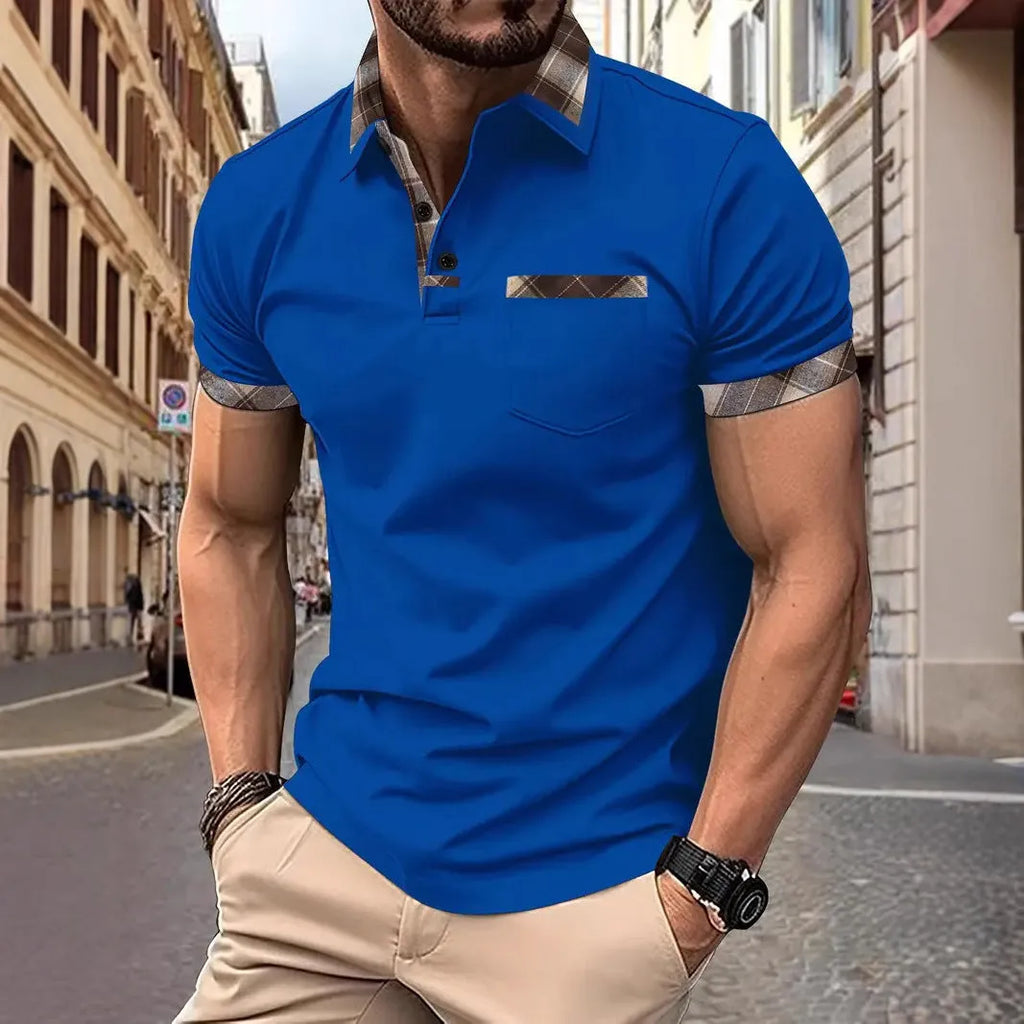Men's plaid colourblock t-shirt with zipper decorations in loose fit for summer casual wear
