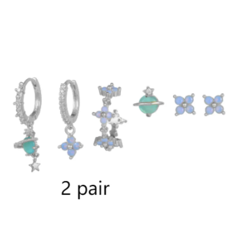 Floral ear studs with zircon accents in gold or silver finish, Japanese Korean style design