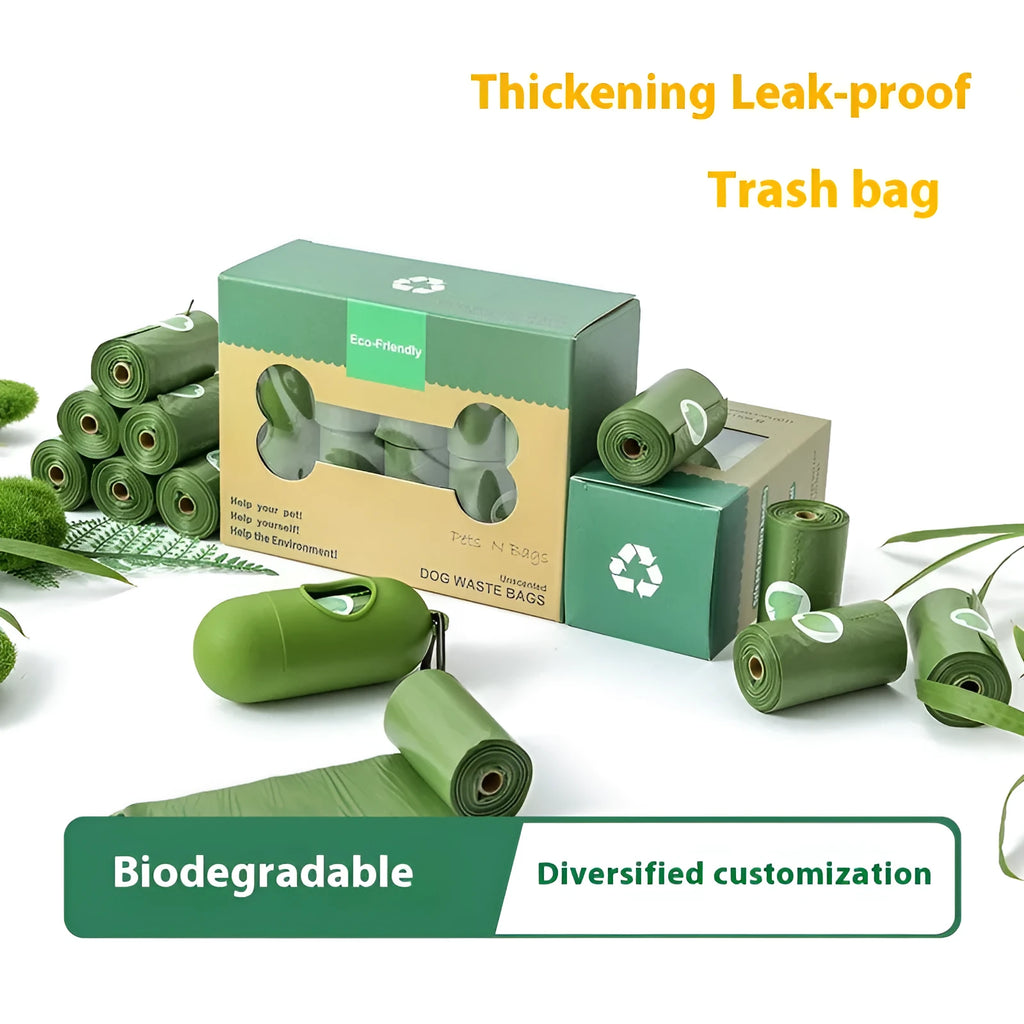Degradable pet waste bags in green, black, blue, purple and orange colours with dispenser