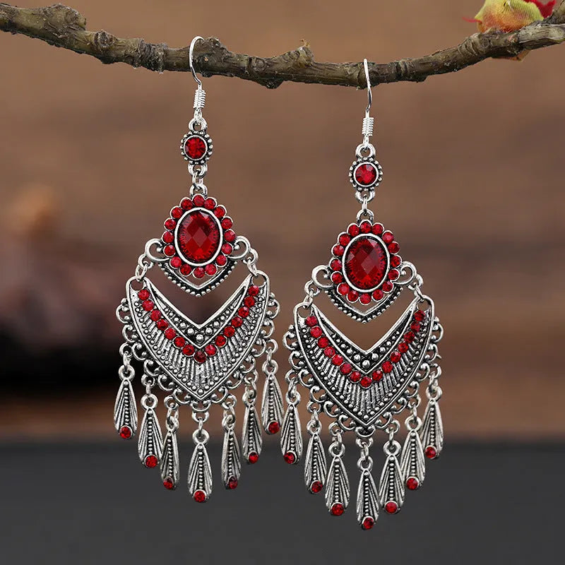 Retro alloy drop earrings with long crystal fringe in Smart Water Drop Purple colour