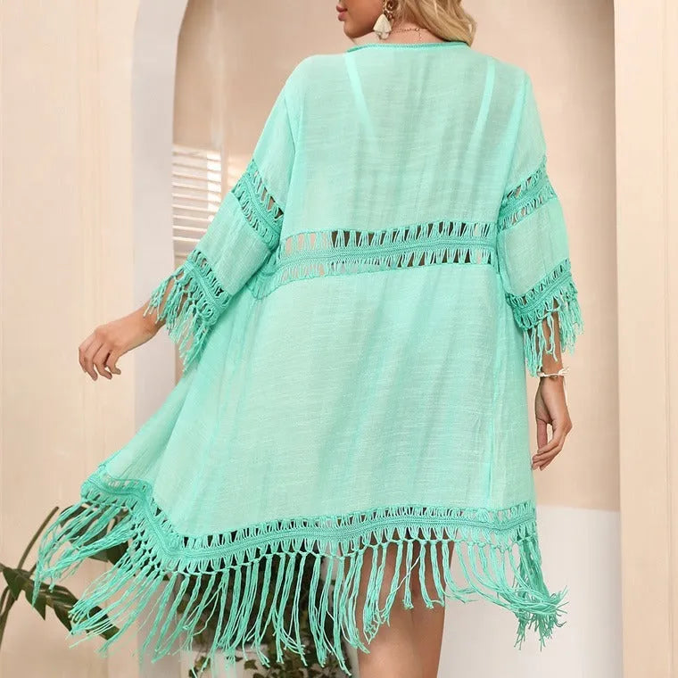 Hand crocheted beach cover-up cardigan for women in yellow with tassel details