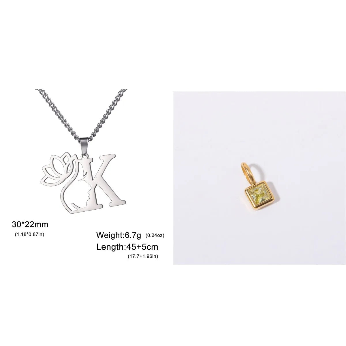 Stainless steel necklace with cross chain and a single initial letter pendant in gold tone.
