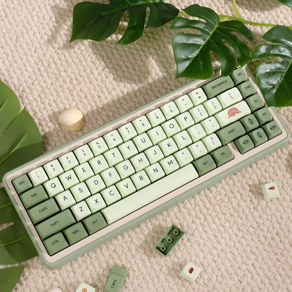 124 PBT keycaps in Matcha green colour arranged by language layout for mechanical keyboards