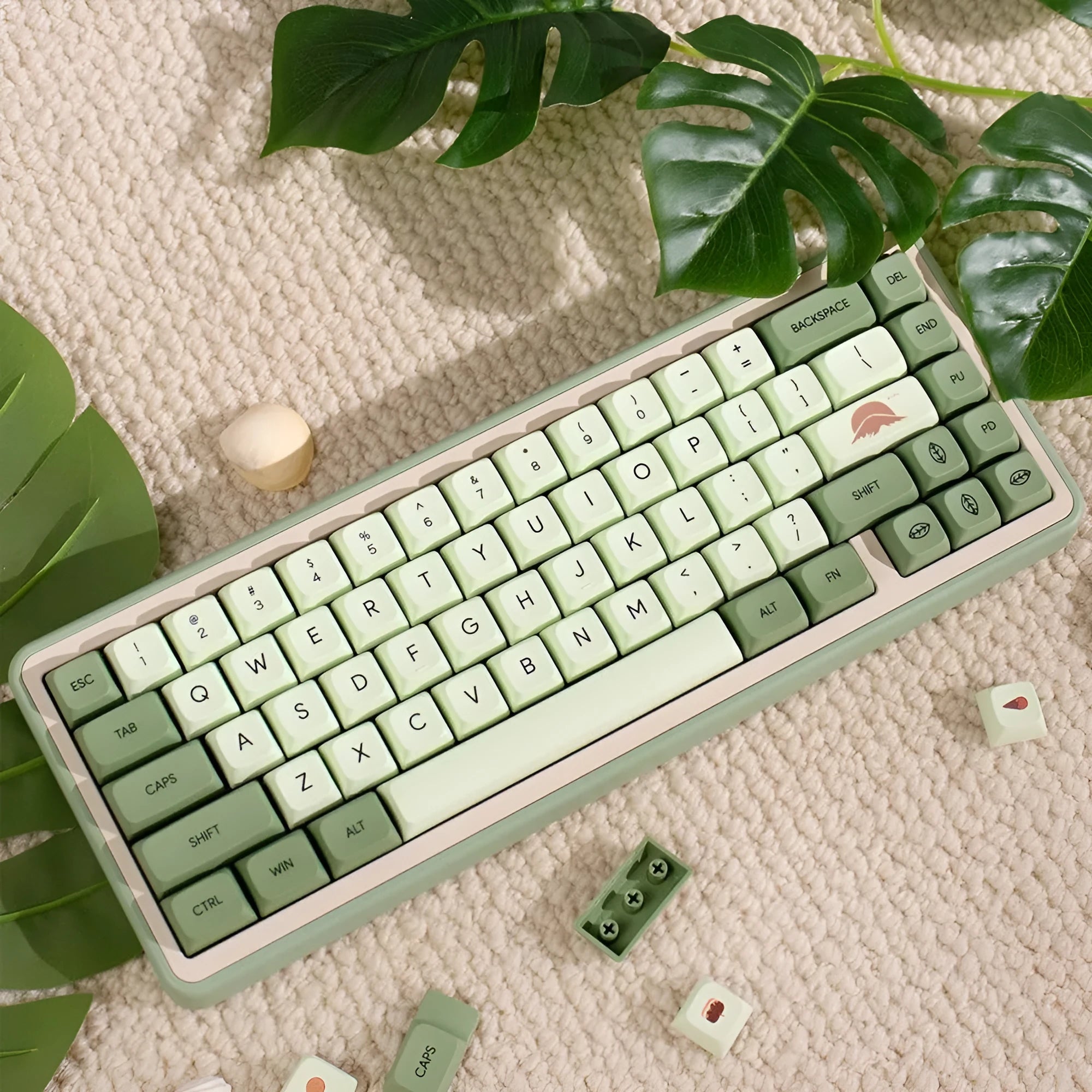 124 PBT keycaps in Matcha green colour arranged by language layout for mechanical keyboards