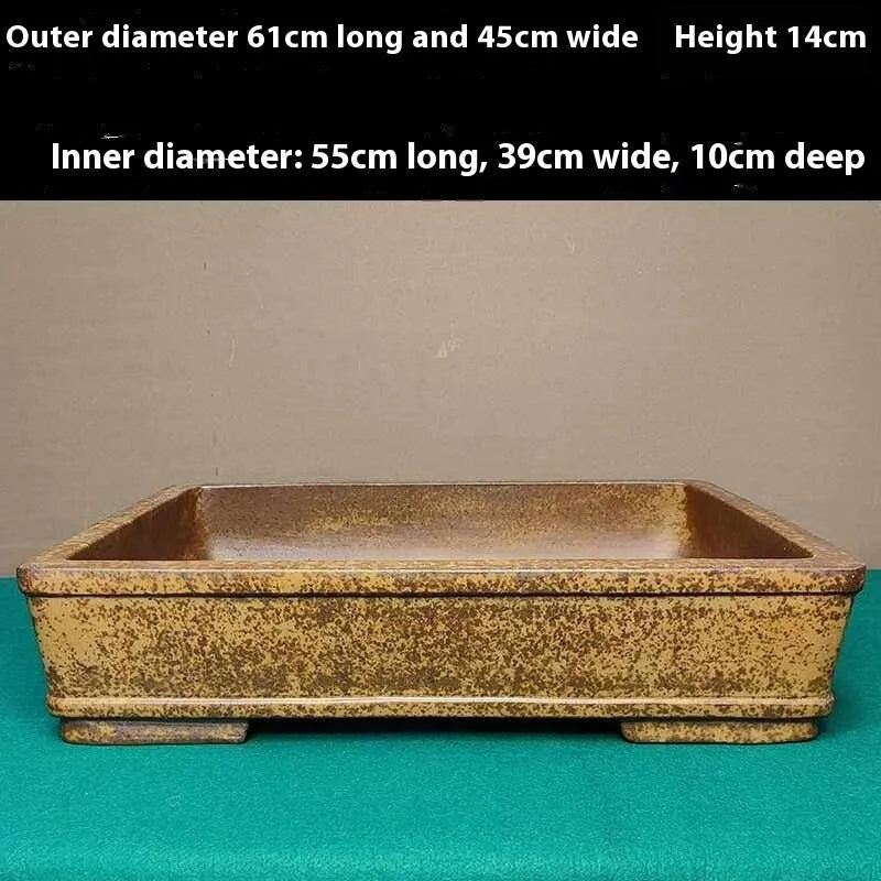 Straight shallow rectangular Yixing Fine Zisha flowerpot in purple sand clay for corridor plant display.