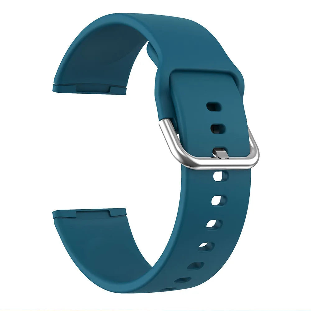 Solid colour silicone strap with silver buckle for Fitbit Versa 3 and Sense 2 watches.