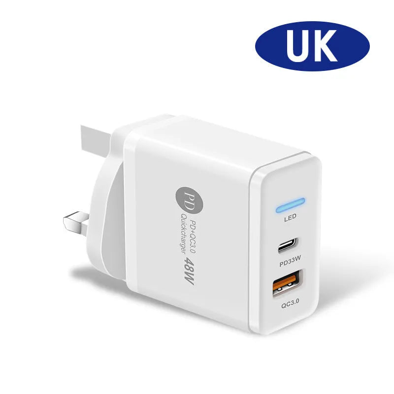 PD48W fast travel charger with UK standard three-pin plug and Type-C USB port