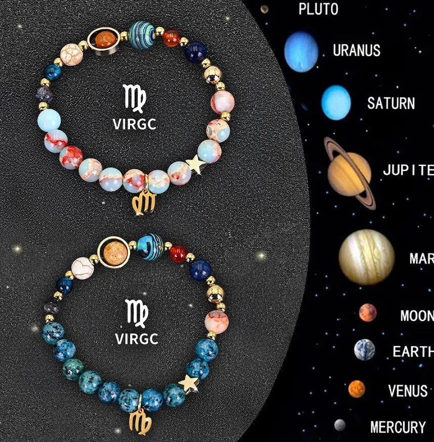Set of two natural stone beaded bracelets for twelve zodiac signs on a wooden surface.
