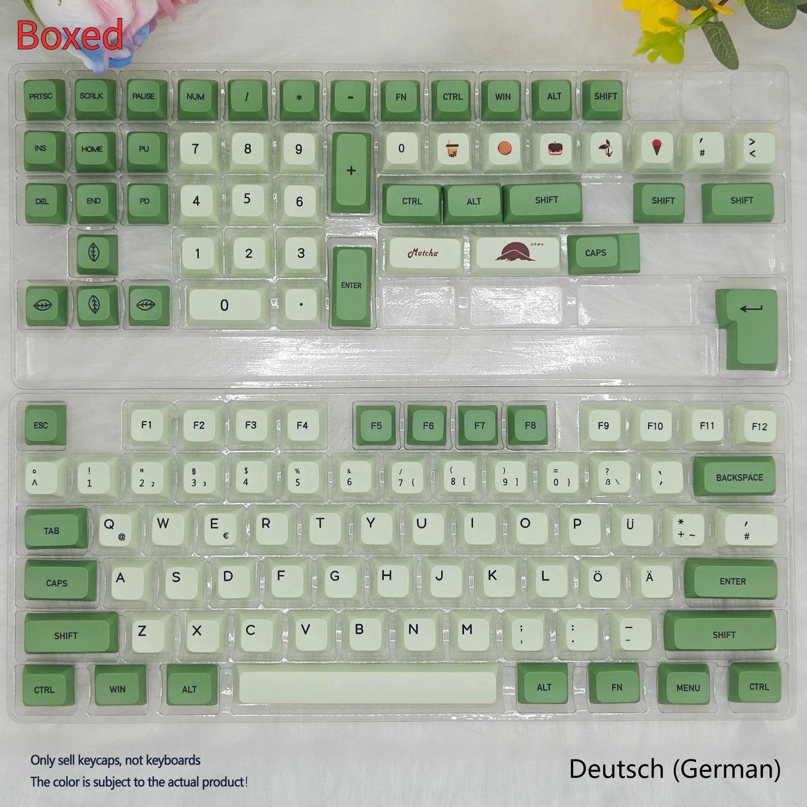 124 PBT keycaps in Matcha green colour arranged by language layout for mechanical keyboards