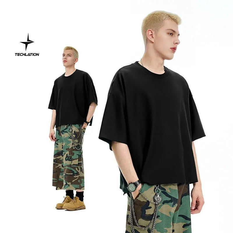 Men's loose fit short sleeve t-shirt in sand gray and black cotton blend fabric