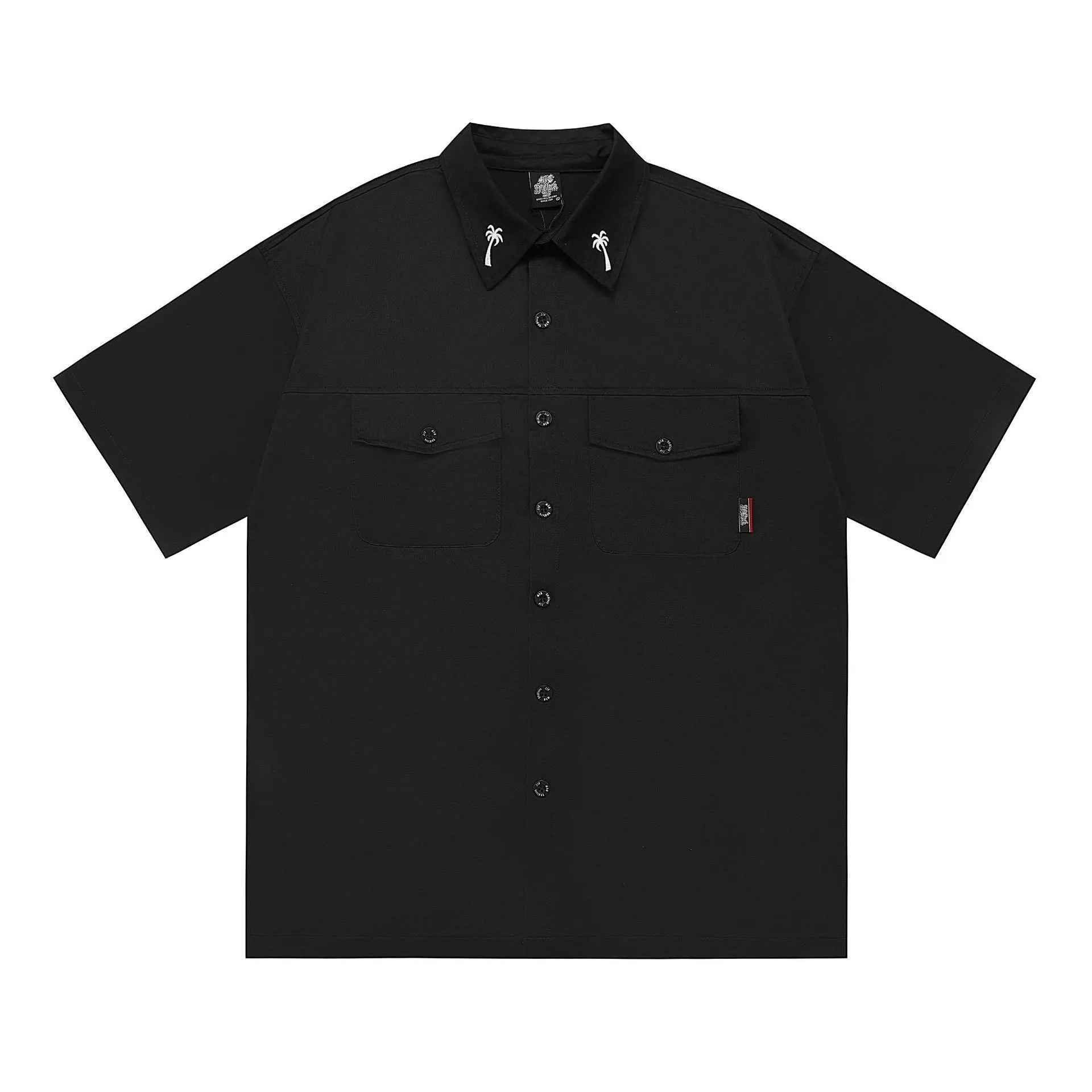Men's black cotton blend half-sleeve loose fit shirt with embroidery