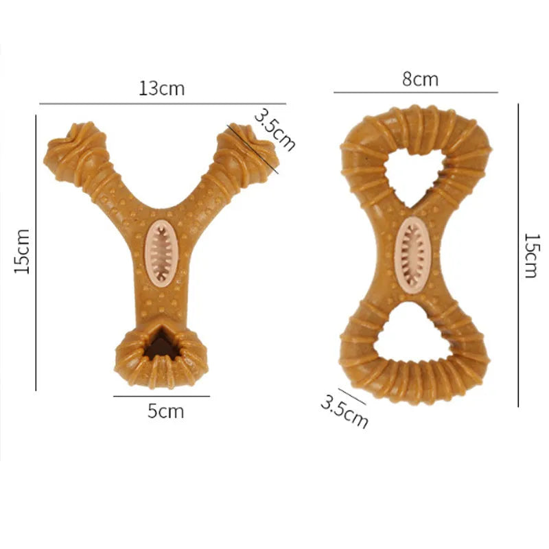 Dog chew toy bone in durable rubber showing 8 shape and Y shape options for teeth cleaning