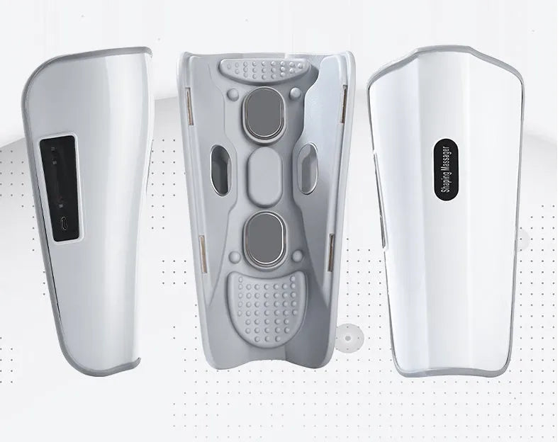 White plastic leg and calf massager unit with electrotherapy pulse and heating functions