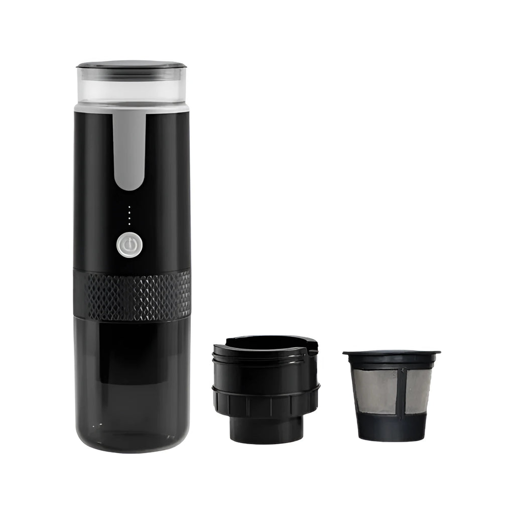 Black portable wireless coffee machine compatible with K-Cup capsules for car and camping use.
