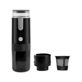 Black portable wireless coffee machine compatible with K-Cup capsules for car and camping use.