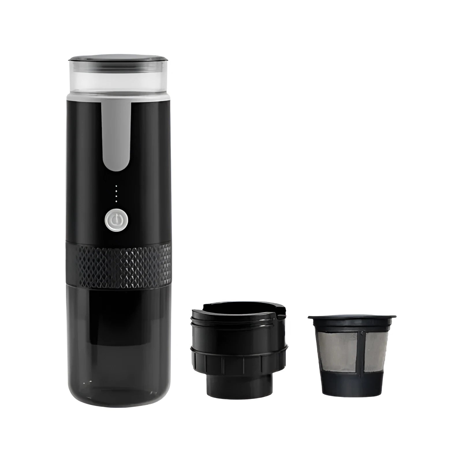 Black portable wireless coffee machine compatible with K-Cup capsules for car and camping use.