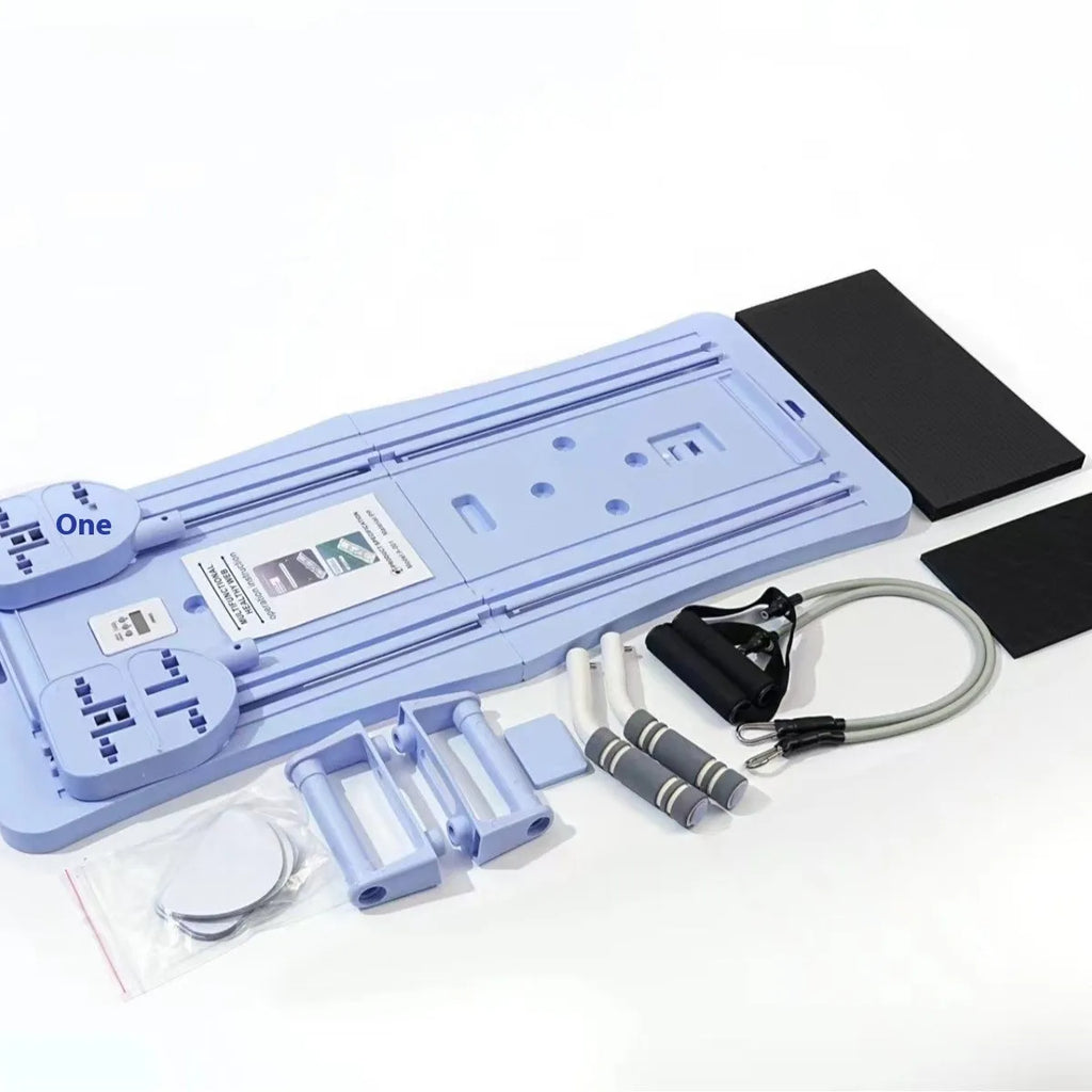 Purple foldable plastic belly panel fitness board on a wood floor.