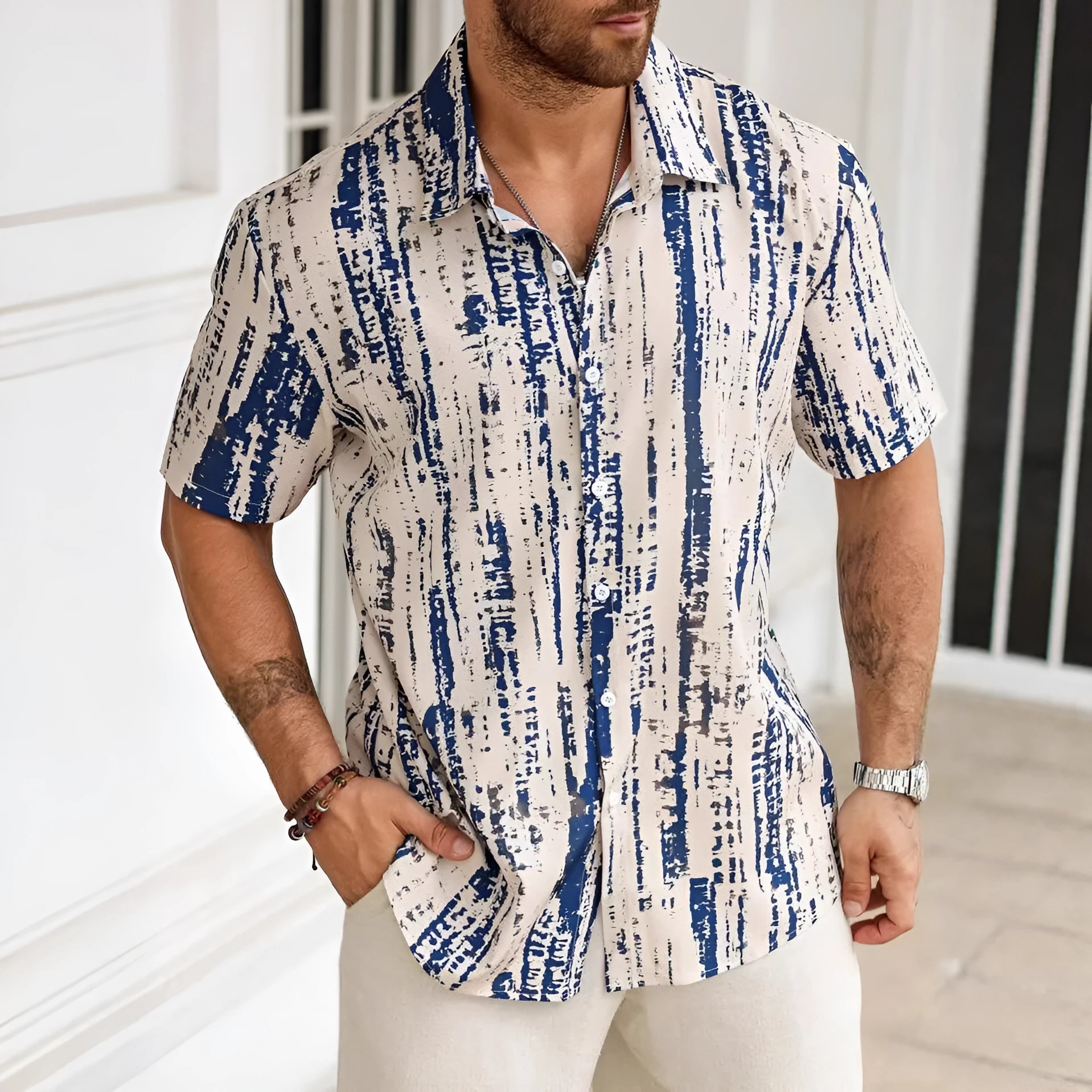 Men's 3D printed stripe pattern short sleeve shirt in polyester fabric