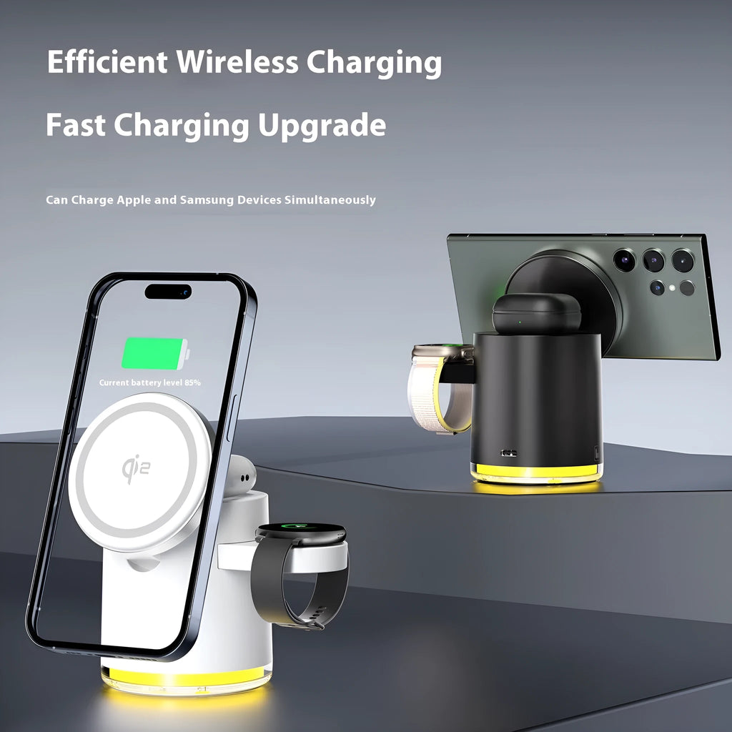 C16 folding magnetic wireless charger in black showing three charging areas for phone, watch and earbuds.