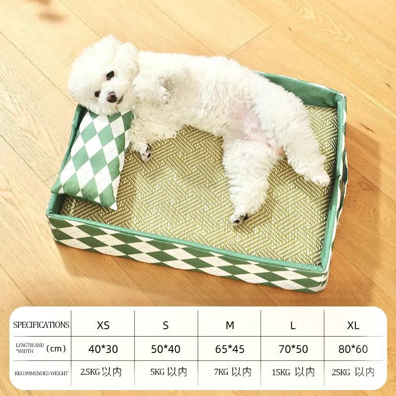 Blue summer rattan cat litter mat shown in a large size next to a cat bed.