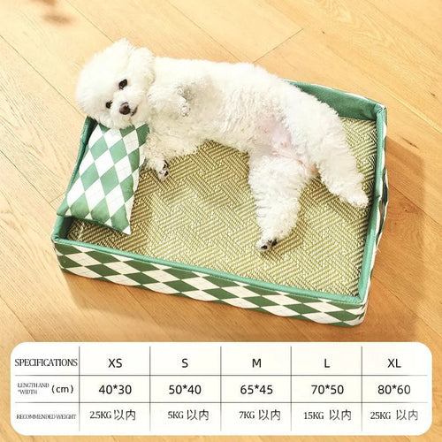 Blue summer rattan cat litter mat shown in a large size next to a cat bed.