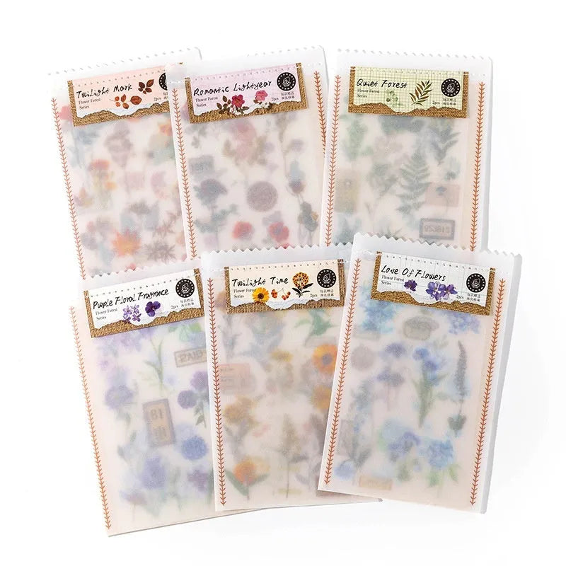 Huazhisen Series art sticker label pack showing six floral and forest-themed colour options on 85mm by 180mm sheets.