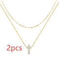 S925 sterling silver double layer twin diamond cross pendant necklace on clavicle chain in gold colour
