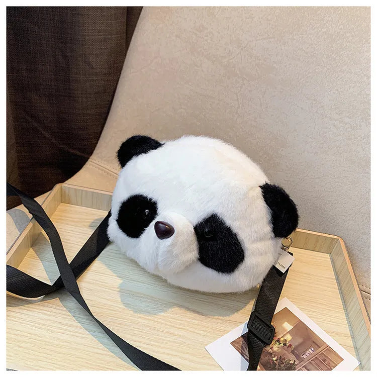 Plush crossbody shoulder bag with panda head pattern and cylindrical shape