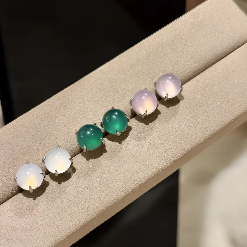 Chinese style geometric chalcedony stud earrings with four-claw setting in copper