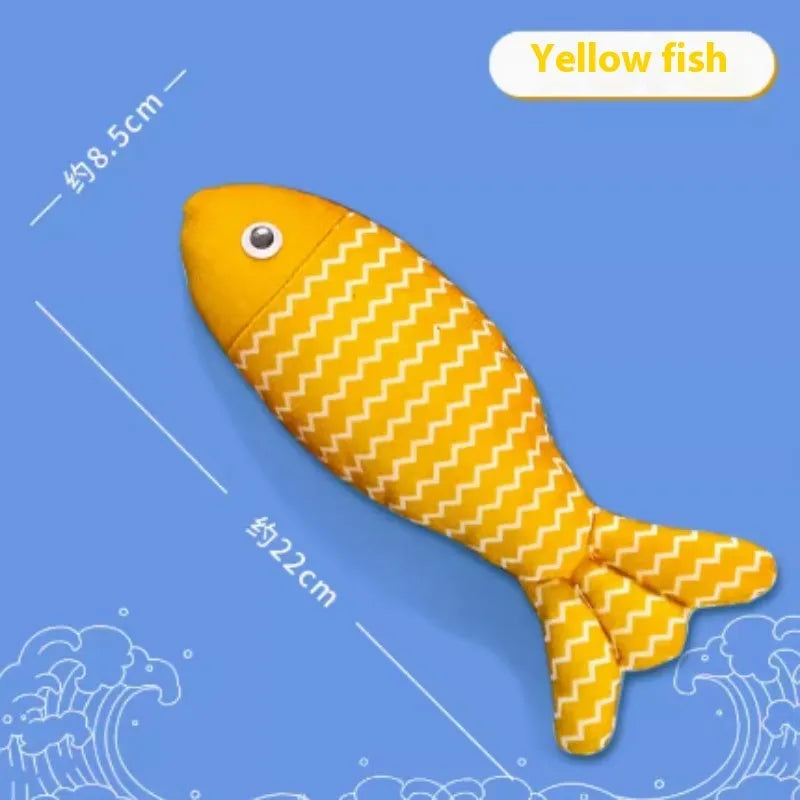 Catnip fish toy in blue, red, or yellow with measured dimensions for feline play