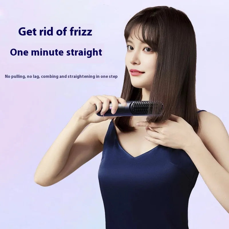 A portable negative ion hair straightening comb in a choice of white, dark blue, or grey colours.