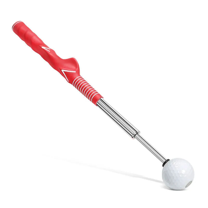 Stainless steel telescopic golf swing trainer in black, blue, and red colour options.