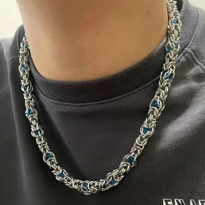 Men's titanium steel splice necklace with blue sapphire stone, adjustable chain 21-50cm