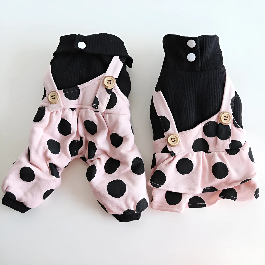 Lapel shoulder strap couple pet clothes set showing four-legged and skirt style options for dogs.