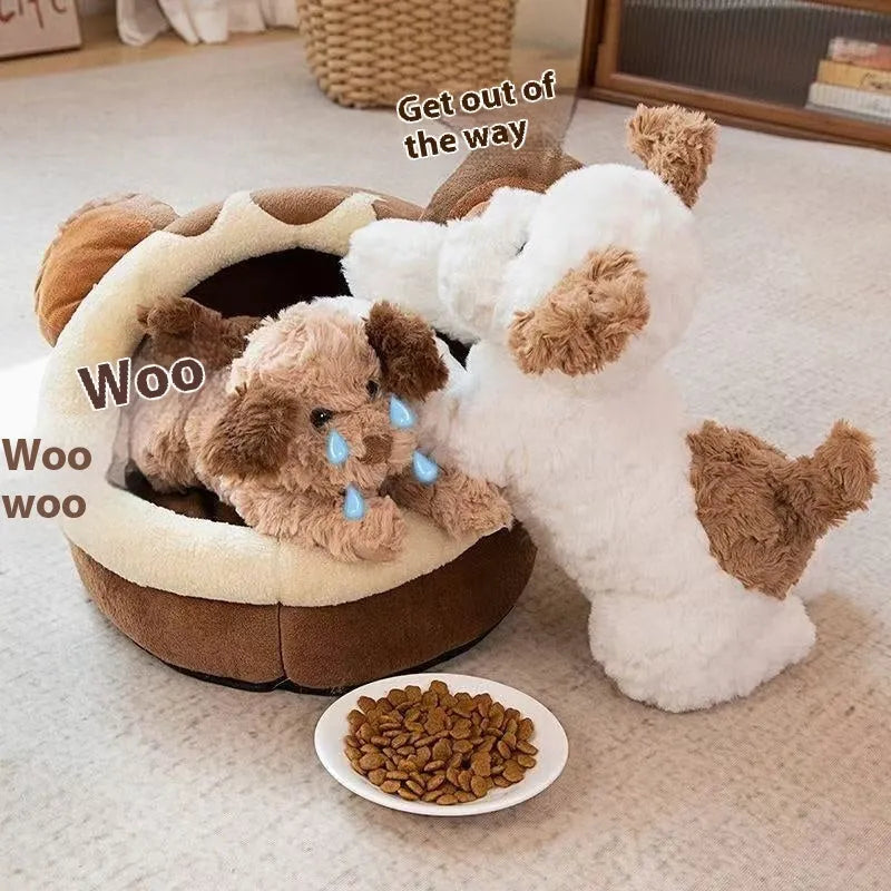 Plush toy lying dog doll in brown faux fur, 35cm height, lying on a soft surface