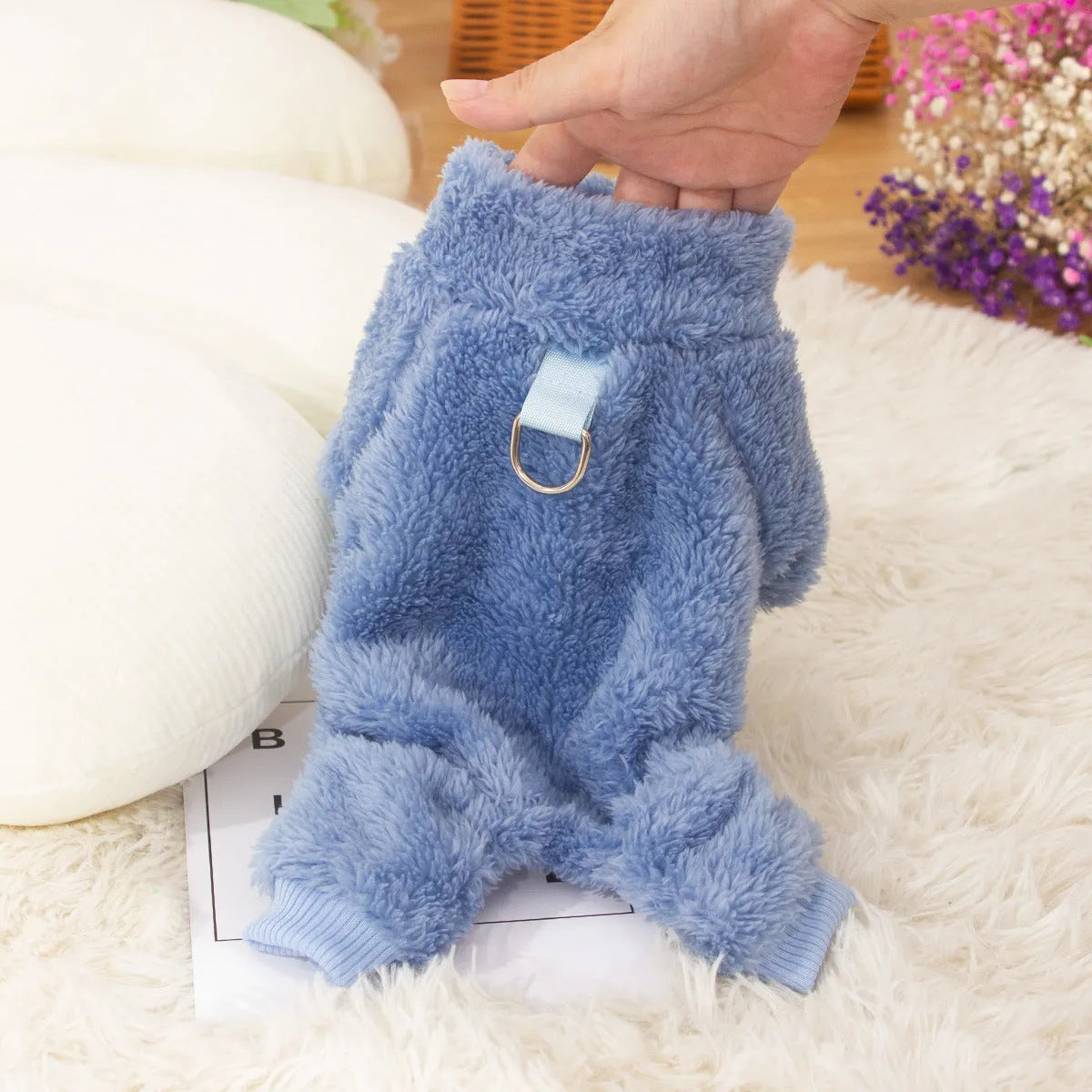 Double-sided thick plush dog clothes with high collar and towing ring in khaki pink or blue